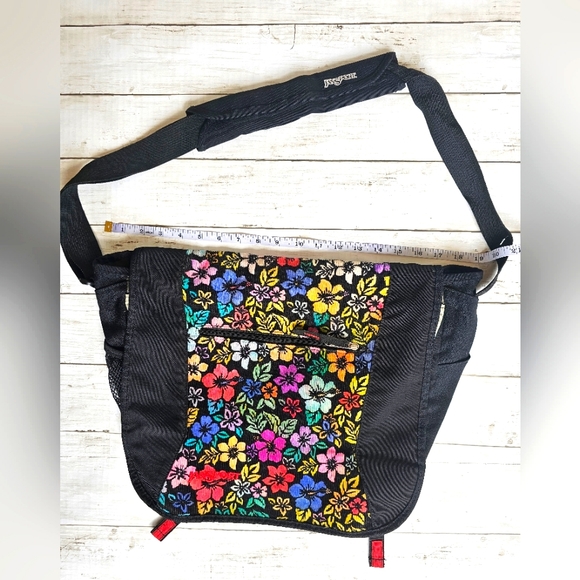 RARE VINTAGE Jansport Messenger Laptop Shoulder Bag Y2K Large Floral BlackVelvet - Picture 4 of 13